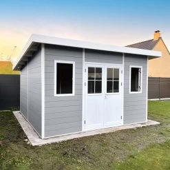 Abri De Jardin En Bois Composite 28mm Gris Clair 14,90m² PREMIUM Toit Plat - Woodlife Garden