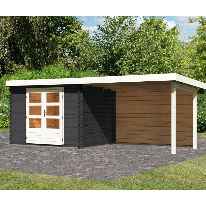 Abri De Jardin En Bois Massif Anthracite 7,04m² Bastrup 3 Avec Appentis 300cm Et Paroi Arrière – Karibu – Image 2