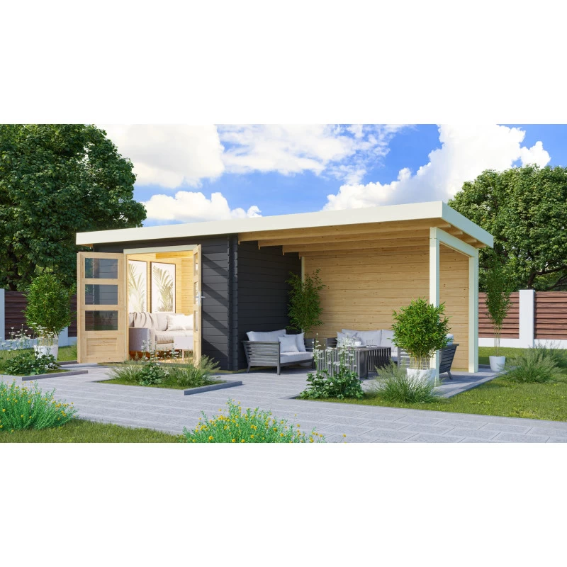 Abri De Jardin En Bois Massif Anthracite 7,04m² Bastrup 3 Avec Appentis 300cm Et Paroi Arrière – Karibu – Image 4