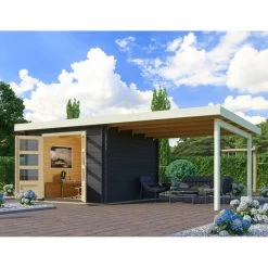 Abri De Jardin En Bois Massif Anthracite 8,82m² Bastrup 5 Avec Appentis 300cm – Karibu