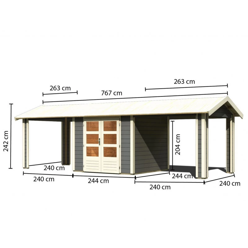 Abri De Jardin En Bois Massif Gris Terre 5,95m² Theres 3 Avec Deux Auvents – Karibu – Image 2
