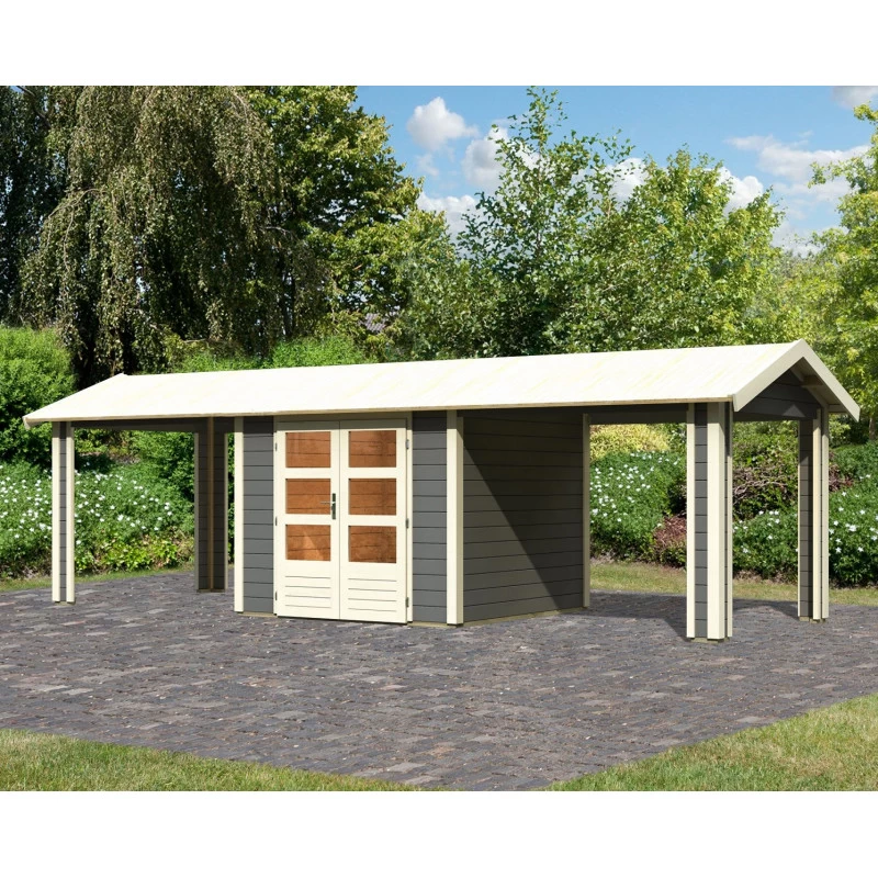 Abri De Jardin En Bois Massif Gris Terre 5,95m² Theres 3 Avec Deux Auvents – Karibu