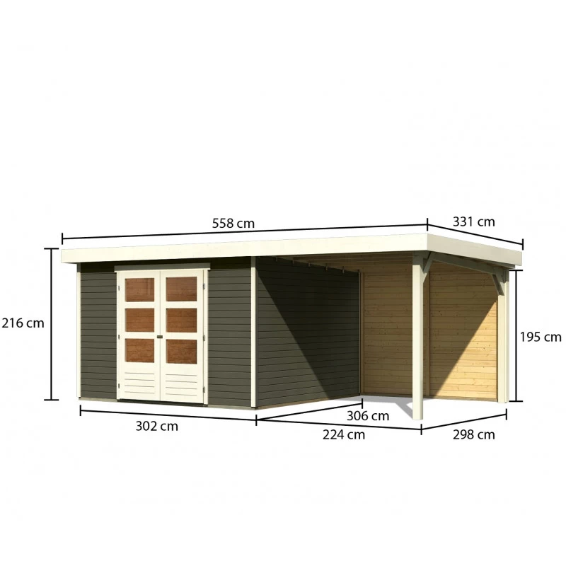 Abri De Jardin En Bois Massif Gris Terre 9,24m² Askola 6 Avec Appentis 240cm Et Paroi Arrière - Karibu