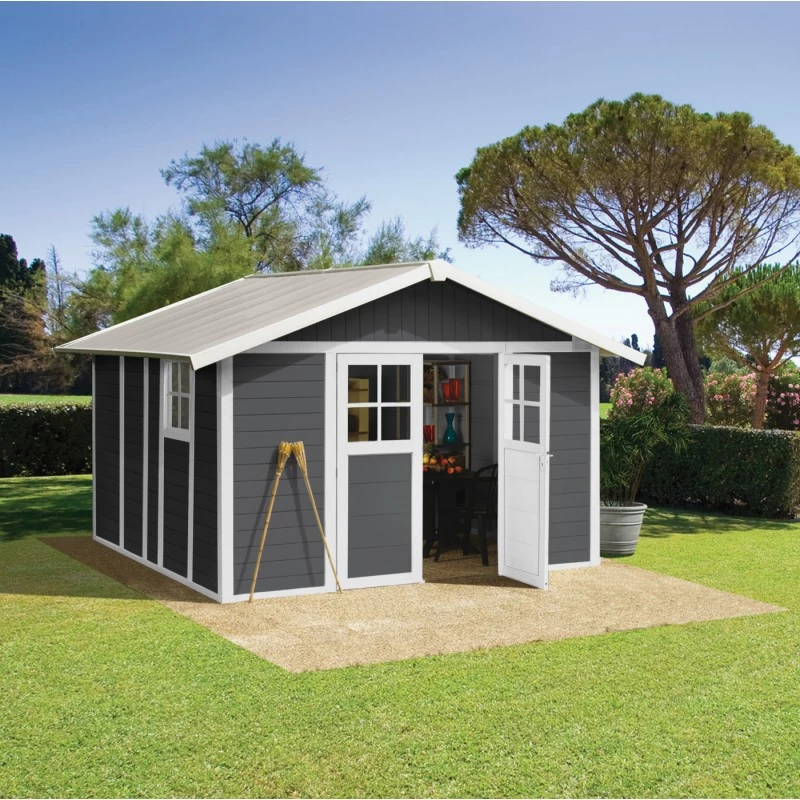 Abri De Jardin En PVC 11,2m² DECO Gris Foncé Et Blanc Grosfillex + Kit Ancrage Offert