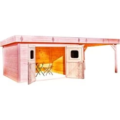 Abri Toit Plat DINAN 29,04m² En Madriers Douglas 28mm Avec Terrasse + Couverture Bac Acier - HABRITA
