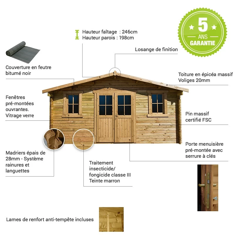 Abri En Bois Massif 16m² PLUS 28mm Traité Teinté Marron Gardy Shelter – Image 3
