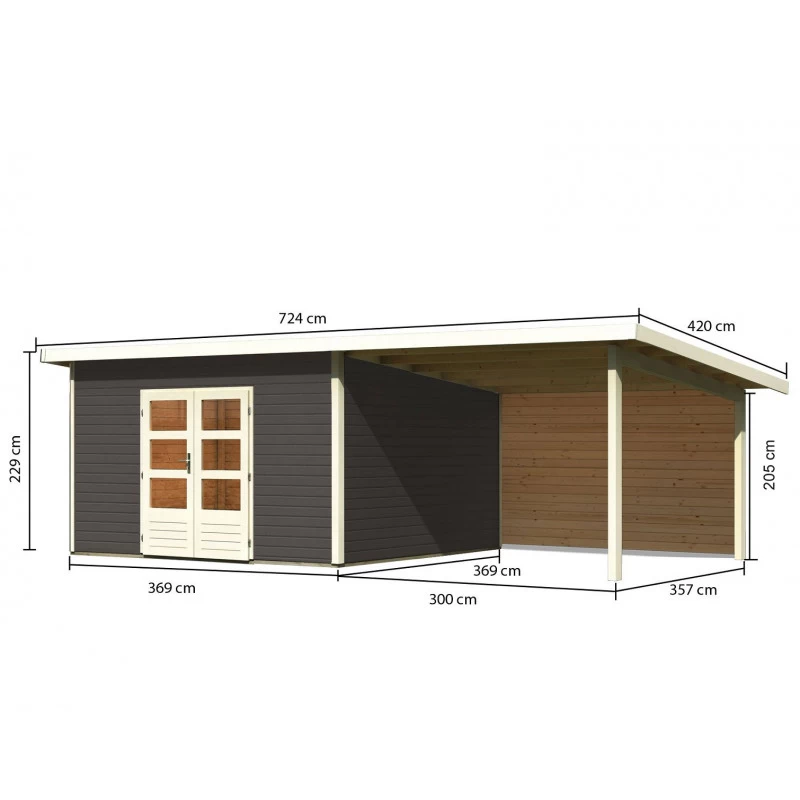 Abri Toit Plat 13,60m² Bois Massif Gris Terre 40mm Northeim 5 Avec Appentis 330cm Et Paroi Arrière – Karibu – Image 2