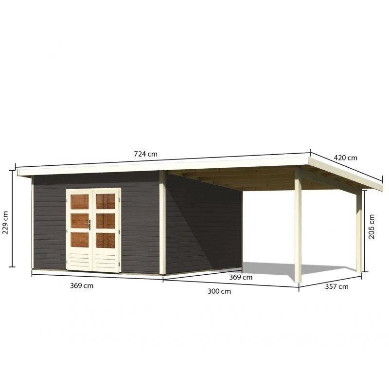 Abri Toit Plat 13,60m² Bois Massif Gris Terre 40mm Northeim 5 Avec Appentis 330cm – Karibu – Image 2
