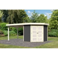 Abri Toit Plat 4,62m² Goldendorf 3 + Auvent En Bois Vitrifié Gris 19mm - Karibu