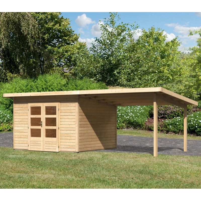 Abri Toit Plat 9,55m² Bois Massif 40mm Northeim 3 Avec Appentis 330cm – Karibu