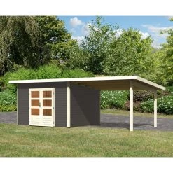 Abri Toit Plat 9,55m² Bois Massif Gris Terre 40mm Northeim 3 Avec Appentis 330cm – Karibu