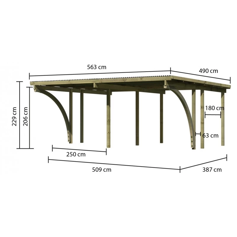 Carport En Pin Autoclave Avec Toit PVC 27,58m² + 2 Arcs D'entrée Karibu – Image 2