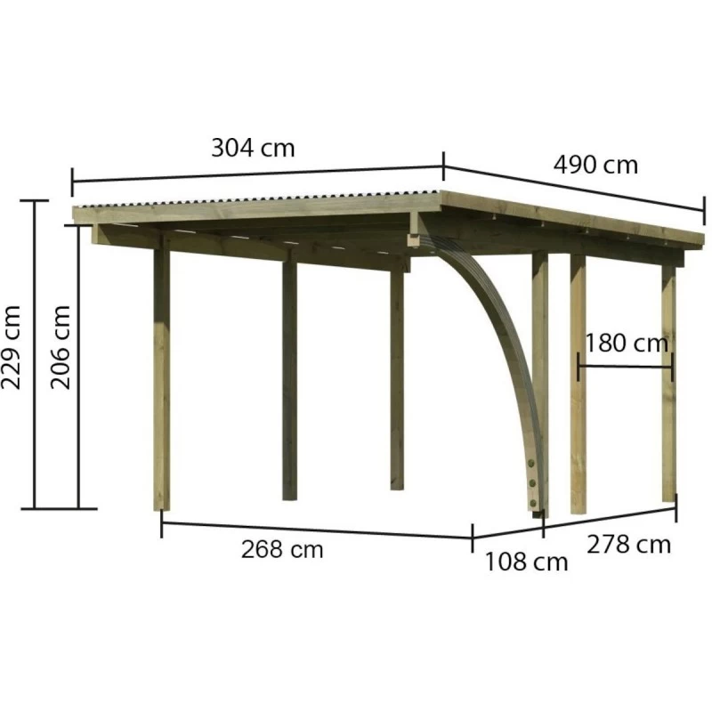 Carport Simple En Bois Autoclave Avec Toit PVC Et 1 Arc D'entrée 14,9m² - 304x490cm - Karibu – Image 2