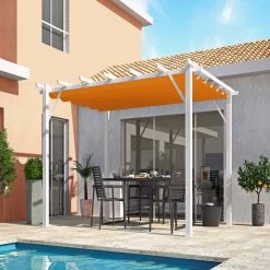 Pergola 100% Aluminium Coloris Blanc 12m² Avec Toile D'ombrage Rouille 140gr/m² HABRITA
