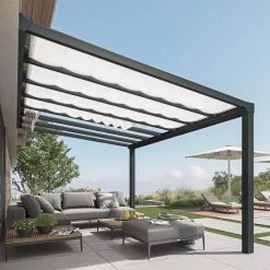 Pergola Adossée Stockholm 350x515cm Aluminium Gris Et Polycarbonate Avec Stores De Toit Rétractables – Palram - Canopia
