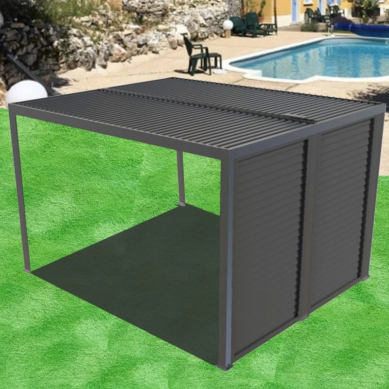 Pergola Bioclimatique Aluminium Anthracite 10,80m² Toit Avec Lames Ovales Aluminium + Ventelles Latérales Pour Côté 3m – HABRITA – Image 2